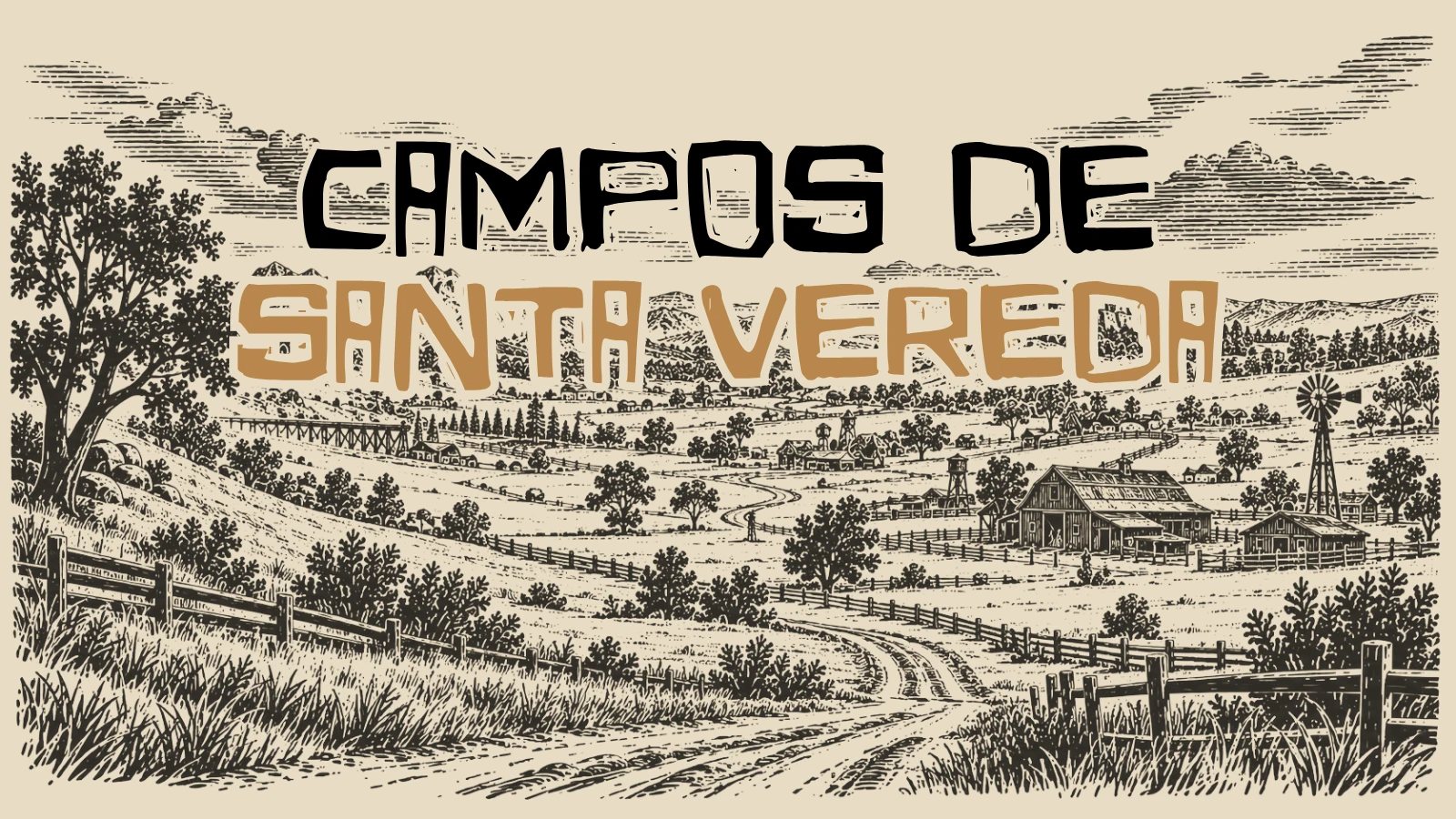 Xilogravura dos Campos de Santa Vereda: estrada de terra entre cercas de madeira, campos ondulados com árvores, um celeiro, um moinho de vento e uma ponte ferroviária ao fundo.