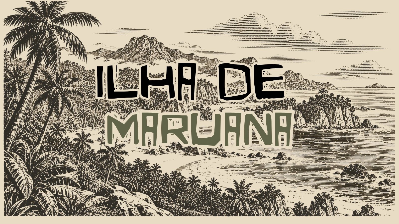 Xilogravura da Ilha de Maruana: coqueiros e mata fechada descendo até uma enseada de areia, com rochedos no mar, morros cobertos de floresta e montanhas ao fundo.